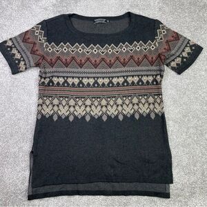 Peruvian Connection Sweater Women’s Small Gray Short Sleeve Cotton Fair Isle